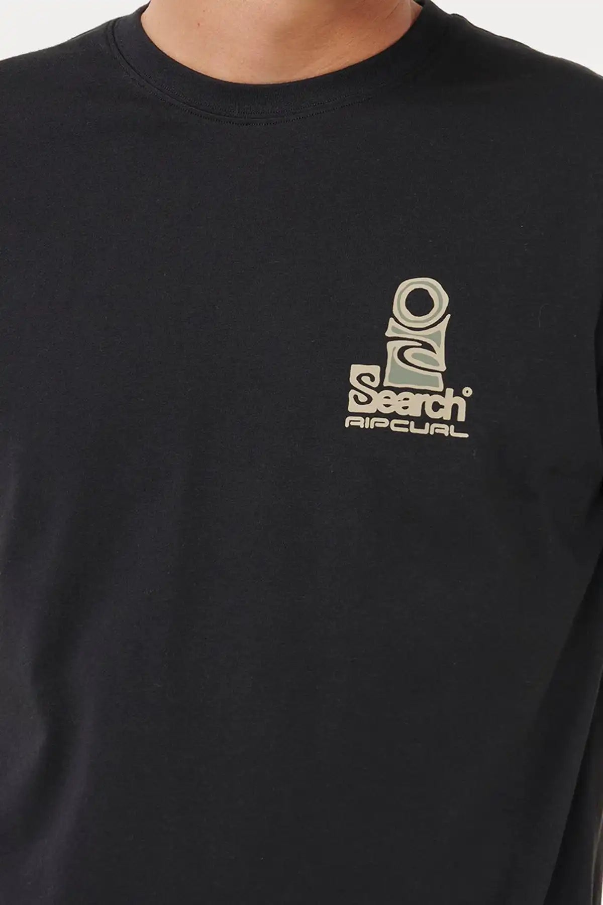 Black Rip Curl Mens Vaporcool Search Stack Tee -in Black/Olive with a logo on the chest against a white background