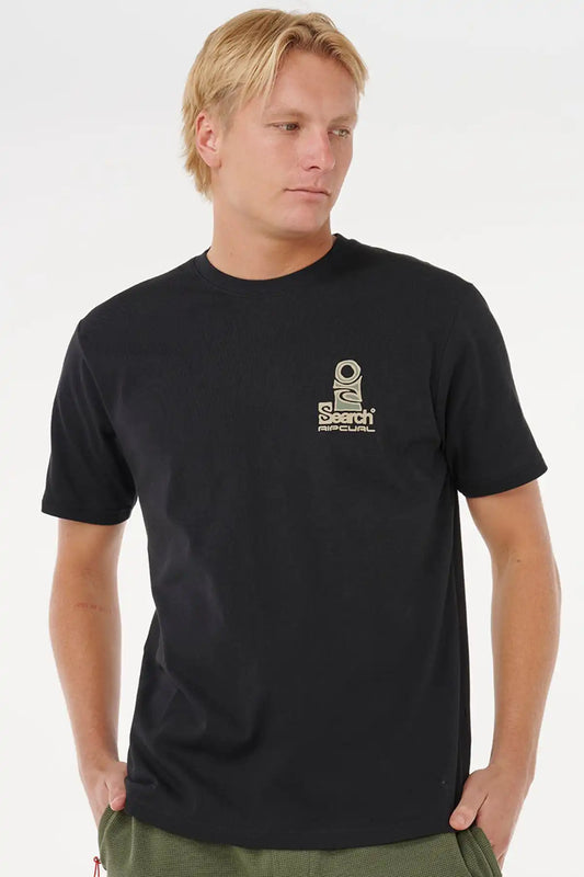 Man wearing a black t-shirt with a logo on a white background