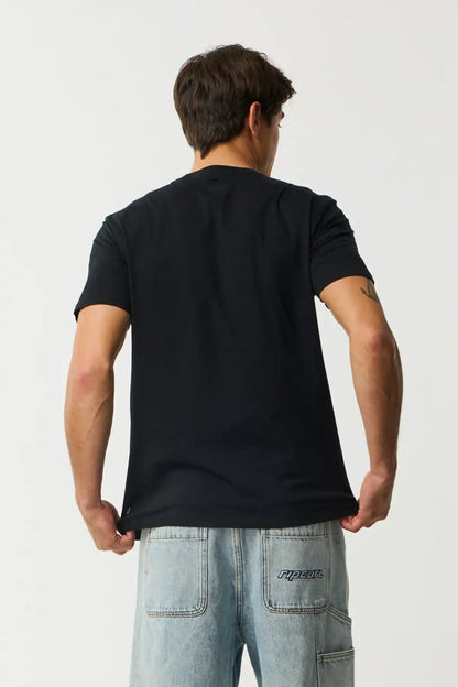 Person wearing a black t-shirt and light blue jeans on a white background