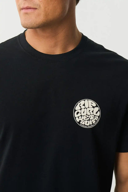 Black t-shirt with a Rip Curl Wettie logo on the chest against a neutral background
