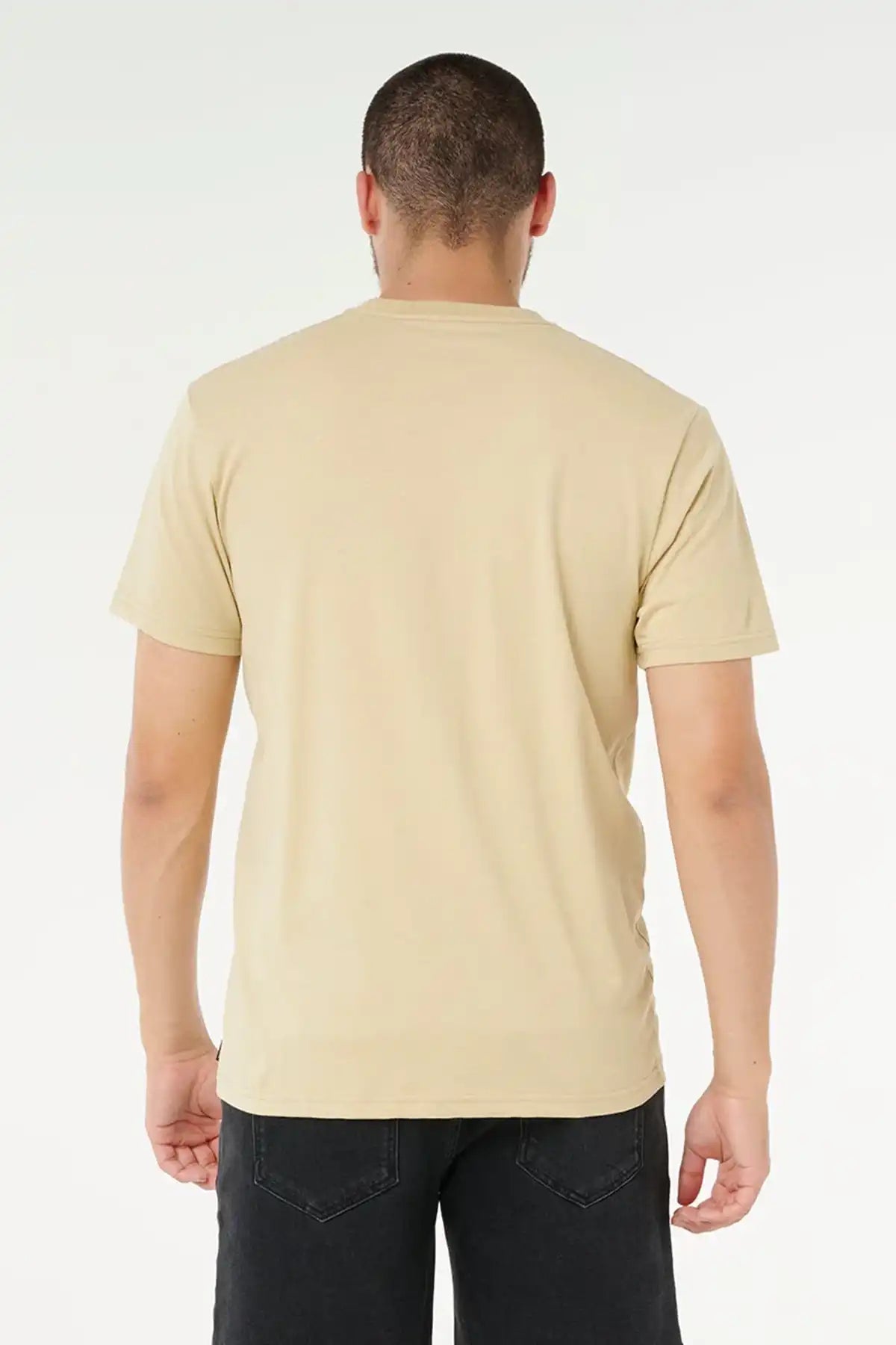 Man wearing a khaki sand t-shirt on a white background