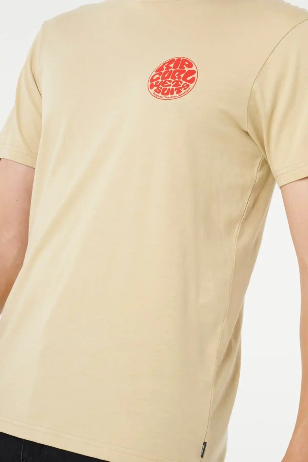 Khaki Sand t-shirt with a red Rip Curl Wettie logo on the chest against a white background