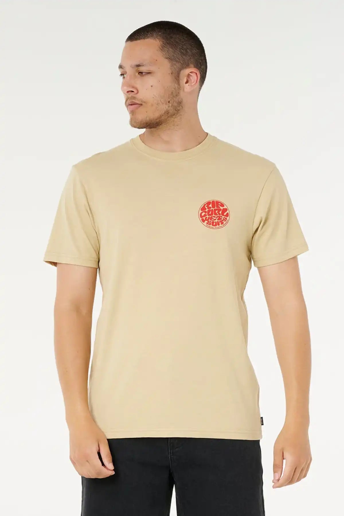Man wearing a Khaki Sand Rip Curl t-shirt with a red logo on a white background