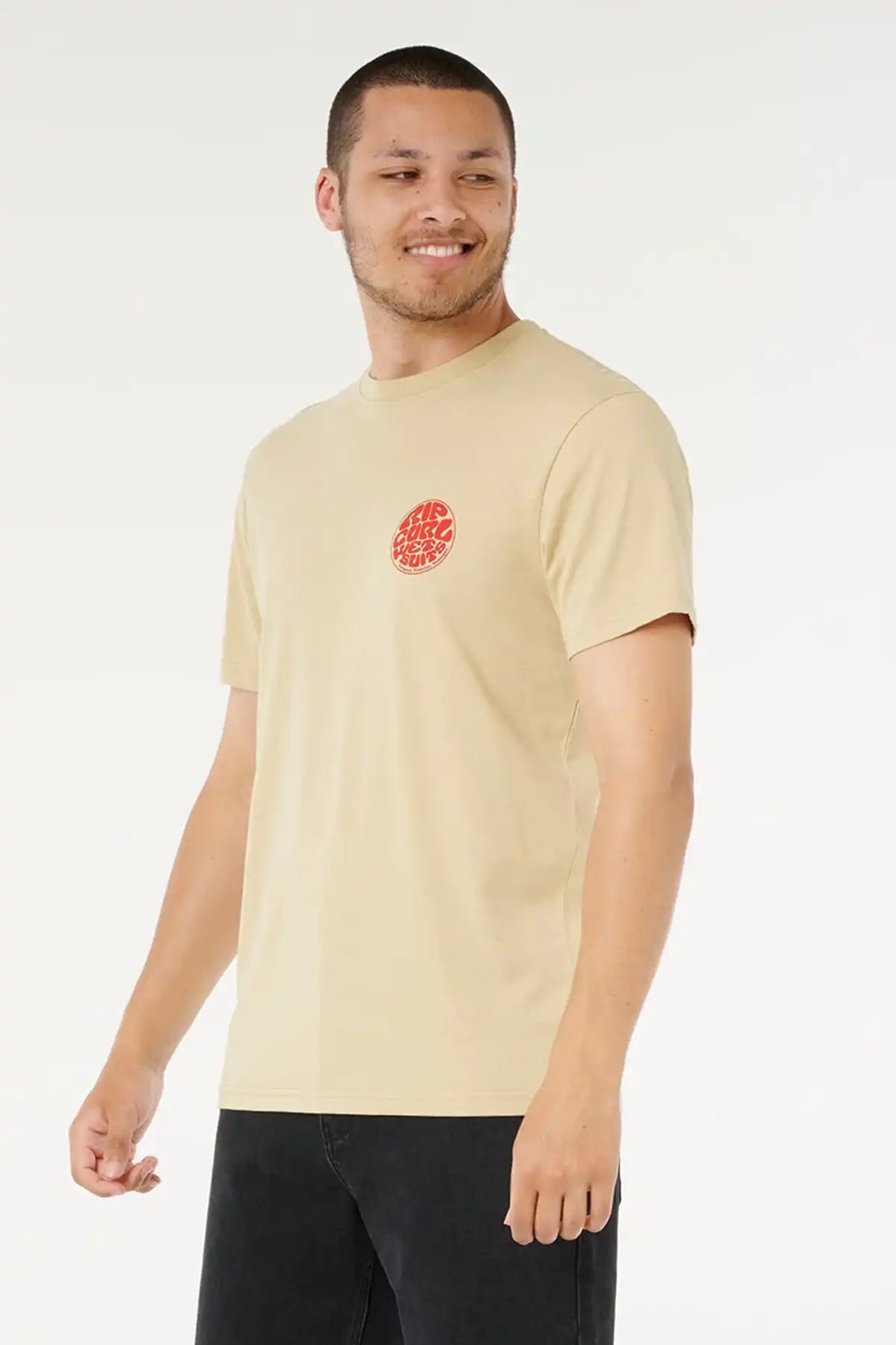 Man wearing a Khaki Sand t-shirt with a red Rip Curl  Wettie logo on a white background