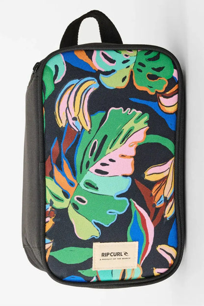 Colorful leaf-patterned lunch bag with Rip Curl logo on a white background