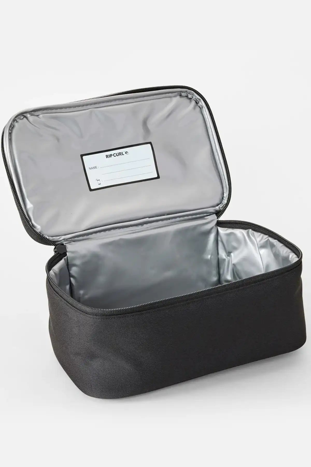 Black insulated lunch bag with a visible brand label on a white background