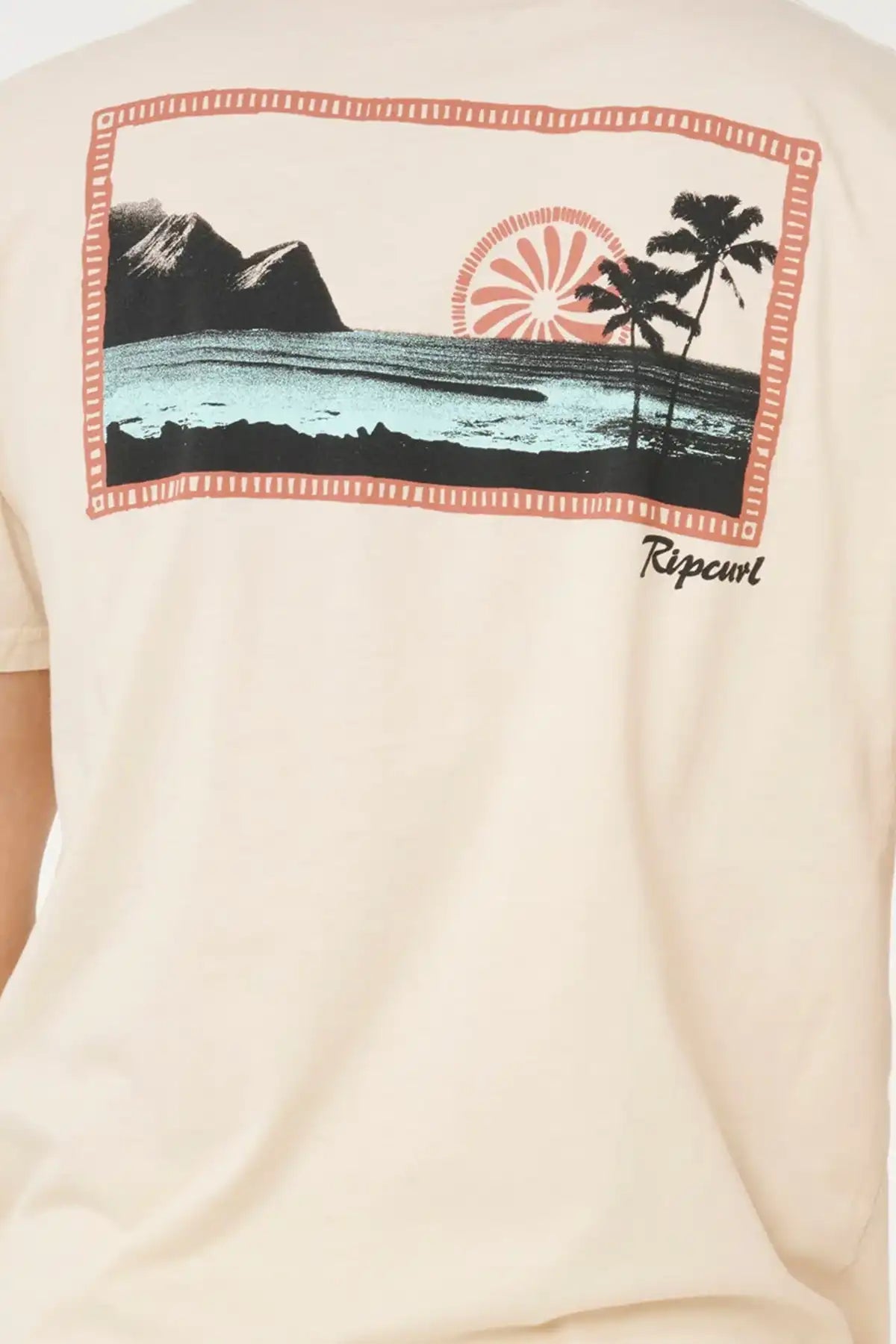 Beige t-shirt with a graphic of a beach scene and palm trees on the back.