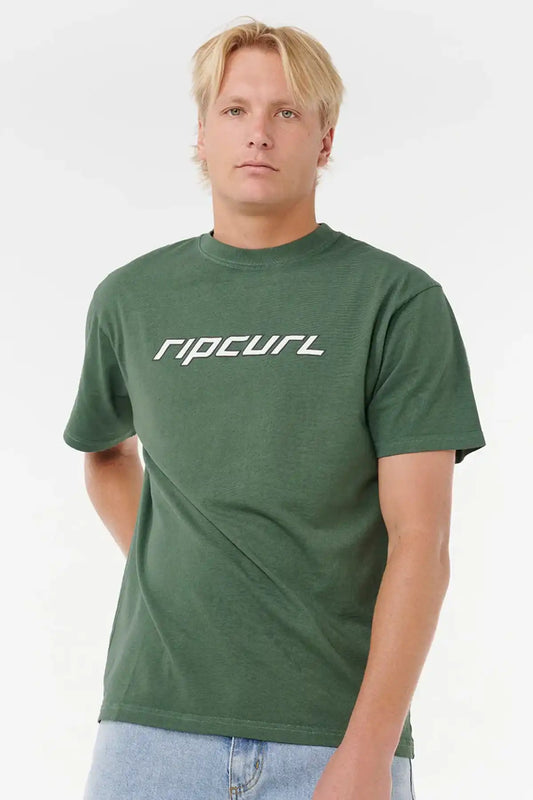Man wearing a Rip Curl Nu Dosed Tee in Mountain Green on a white background - front view