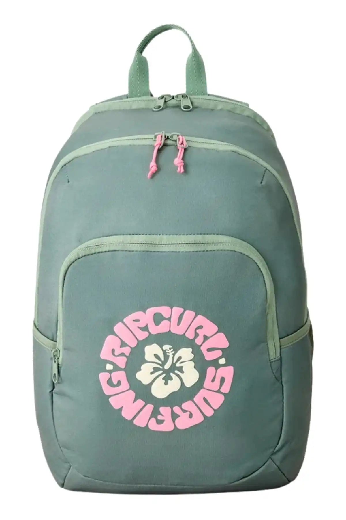 Rip Curl Sea Spray Green backpack with a floral design and text on a white background