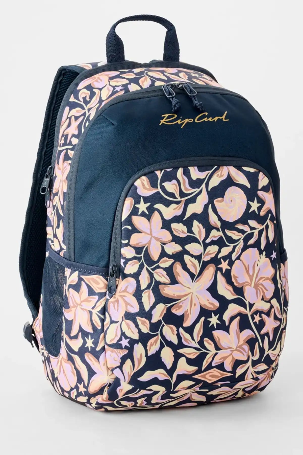 Floral-patterned backpack with 'Rip Curl' branding on a white background
