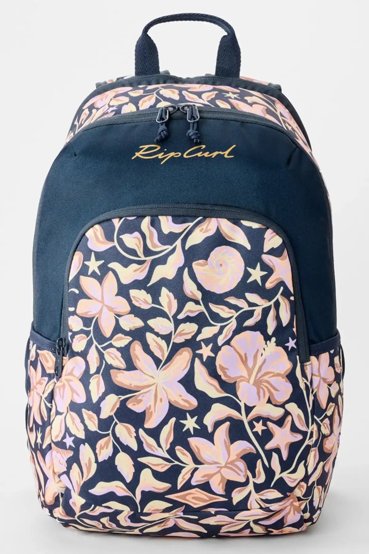 Navy backpack with floral pattern and Rip Curl logo on a white background