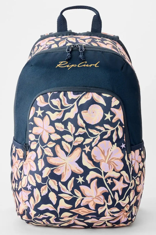 Navy backpack with floral pattern and Rip Curl logo on a white background