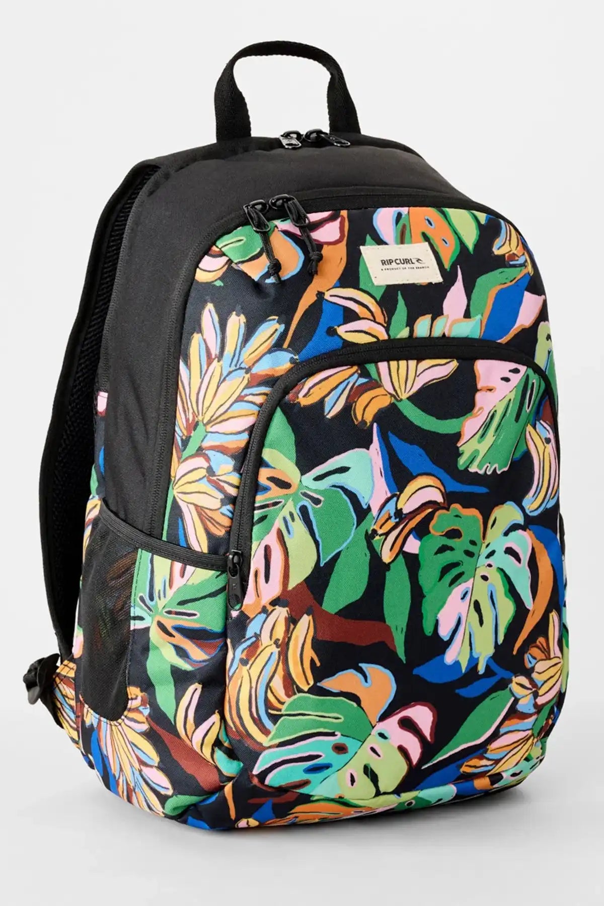 Backpack with colorful tropical leaf pattern on a white background