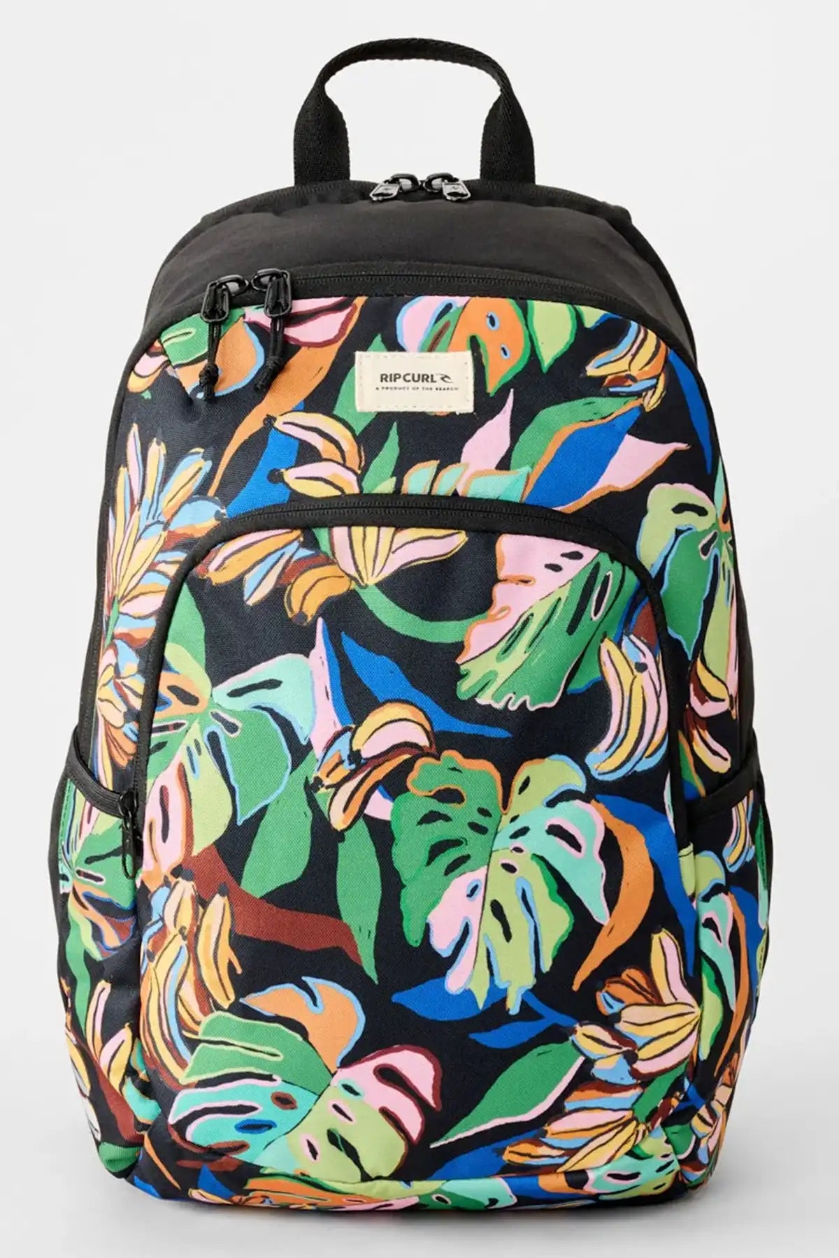 Backpack with colorful leaf pattern on a white background and rip curl logo on woven patch