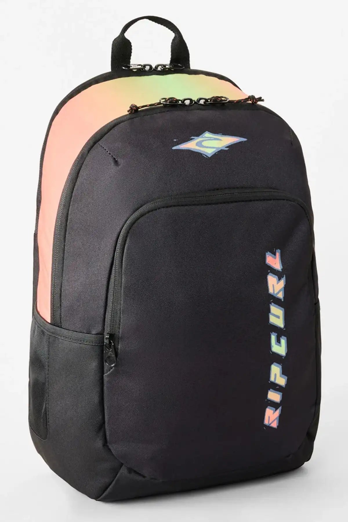 Black backpack with colorful accents and Rip Curl logo on a white background