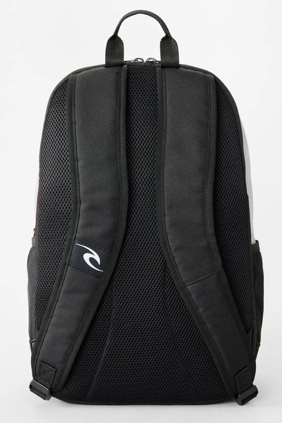 Black backpack with a brand logo on a white background
