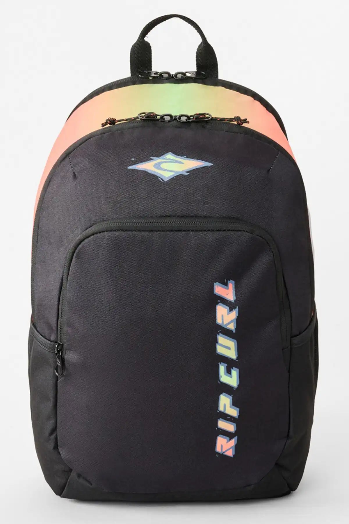 Black backpack with colorful top section and Rip Curl logo on a white background