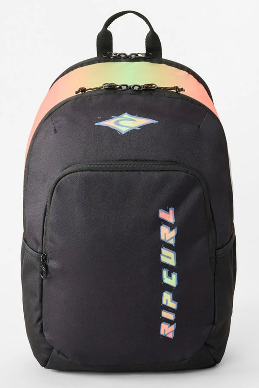 Black backpack with colorful top section and Rip Curl logo on a white background