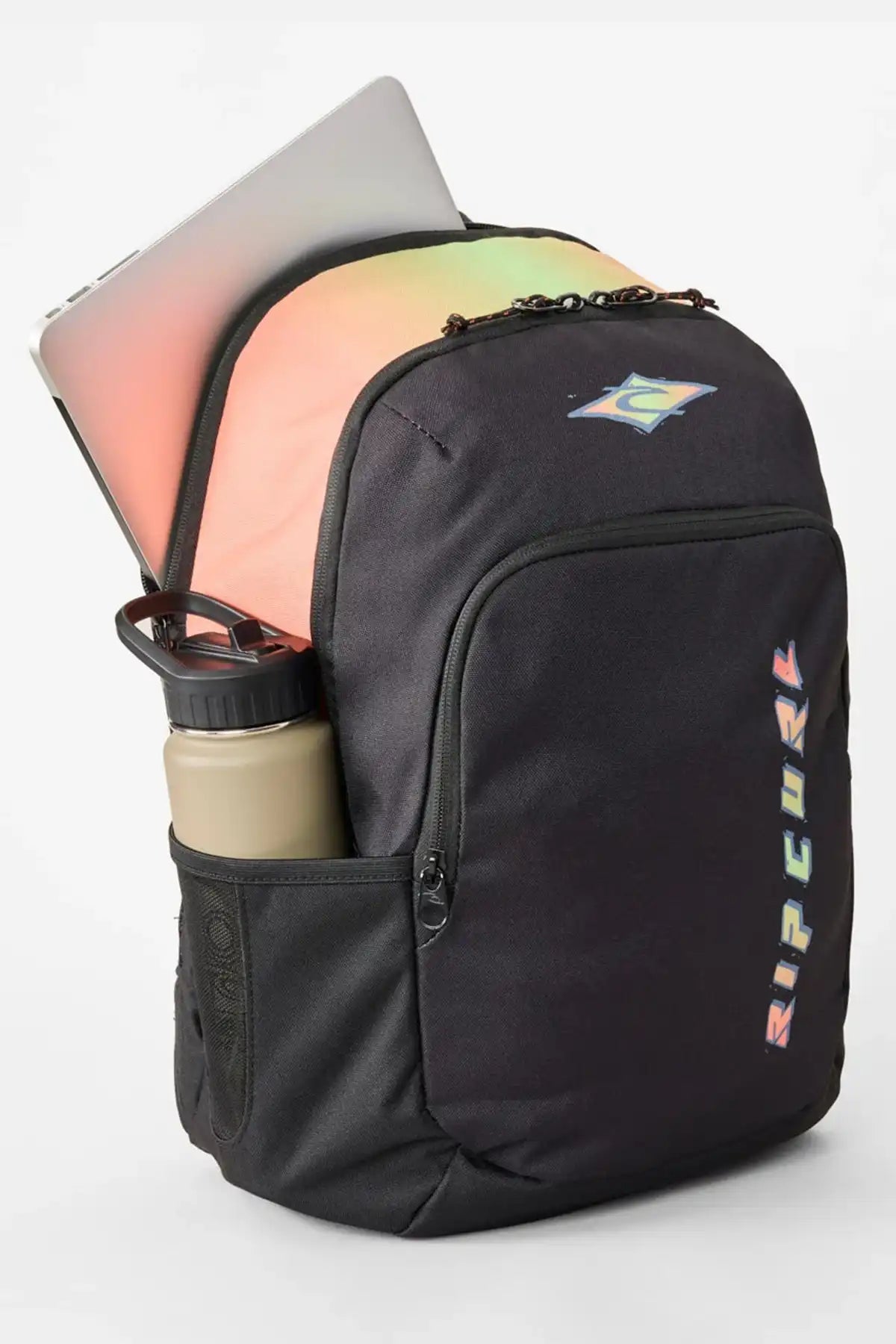 Black backpack with laptop and water bottle on a white background