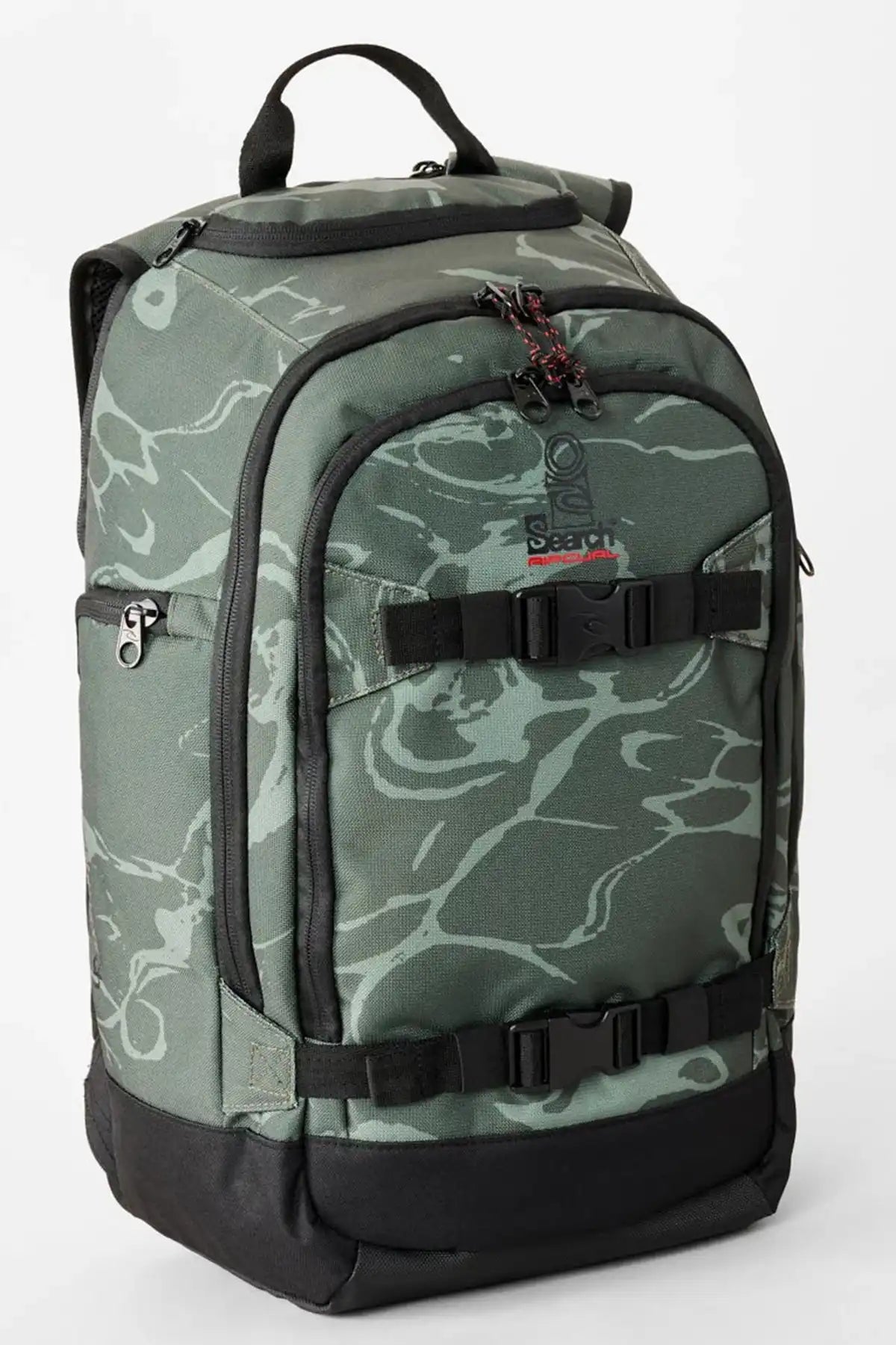 Green camouflage backpack with black straps on a white background and Rip Curl Search Logo