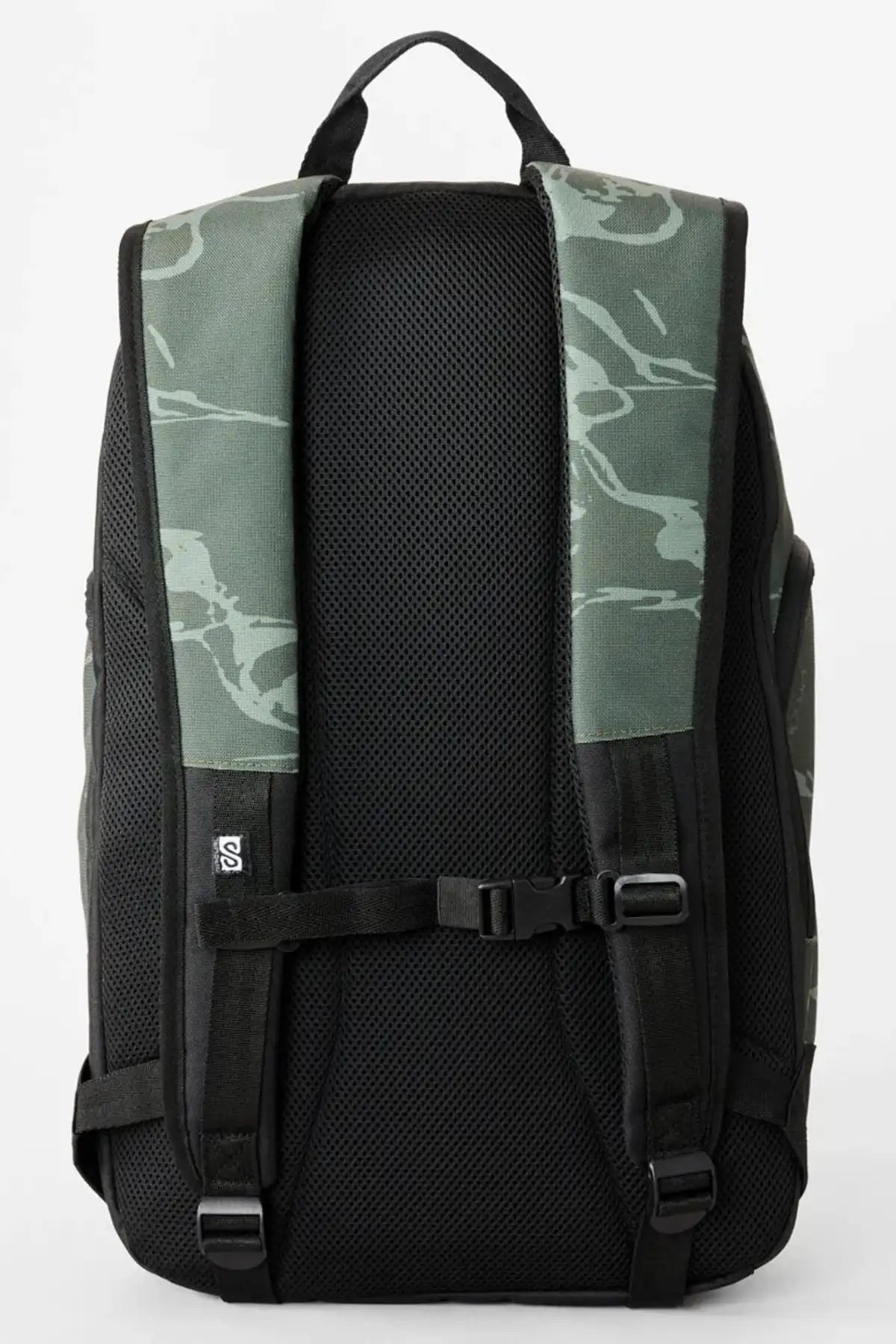 Black backpack with camouflage pattern on straps against a white background