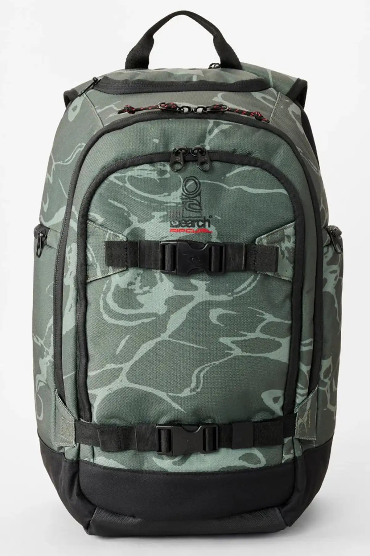 Camouflage-patterned backpack with black accents on a white background