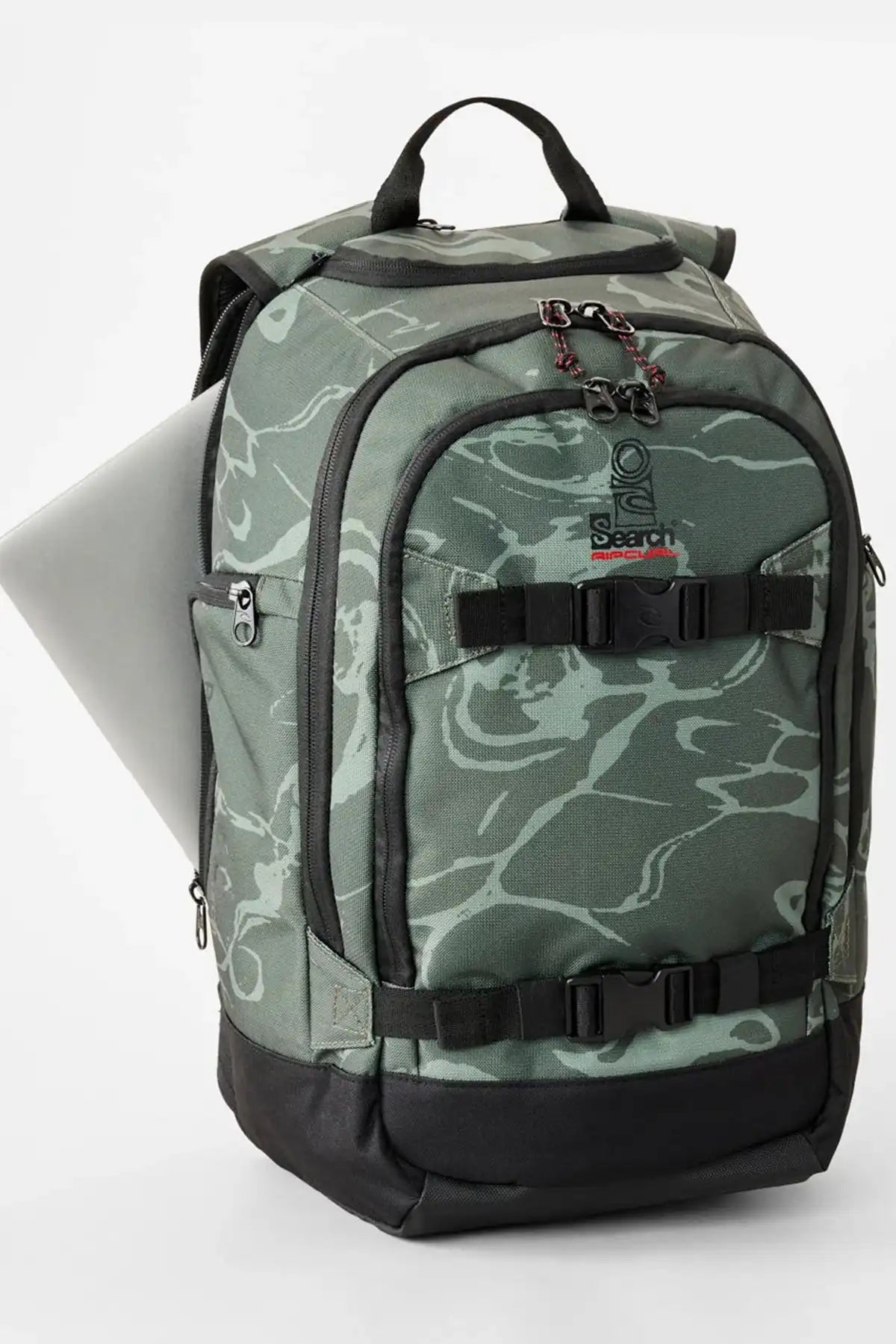 Camouflage backpack with black straps on a white background and laptop pocket