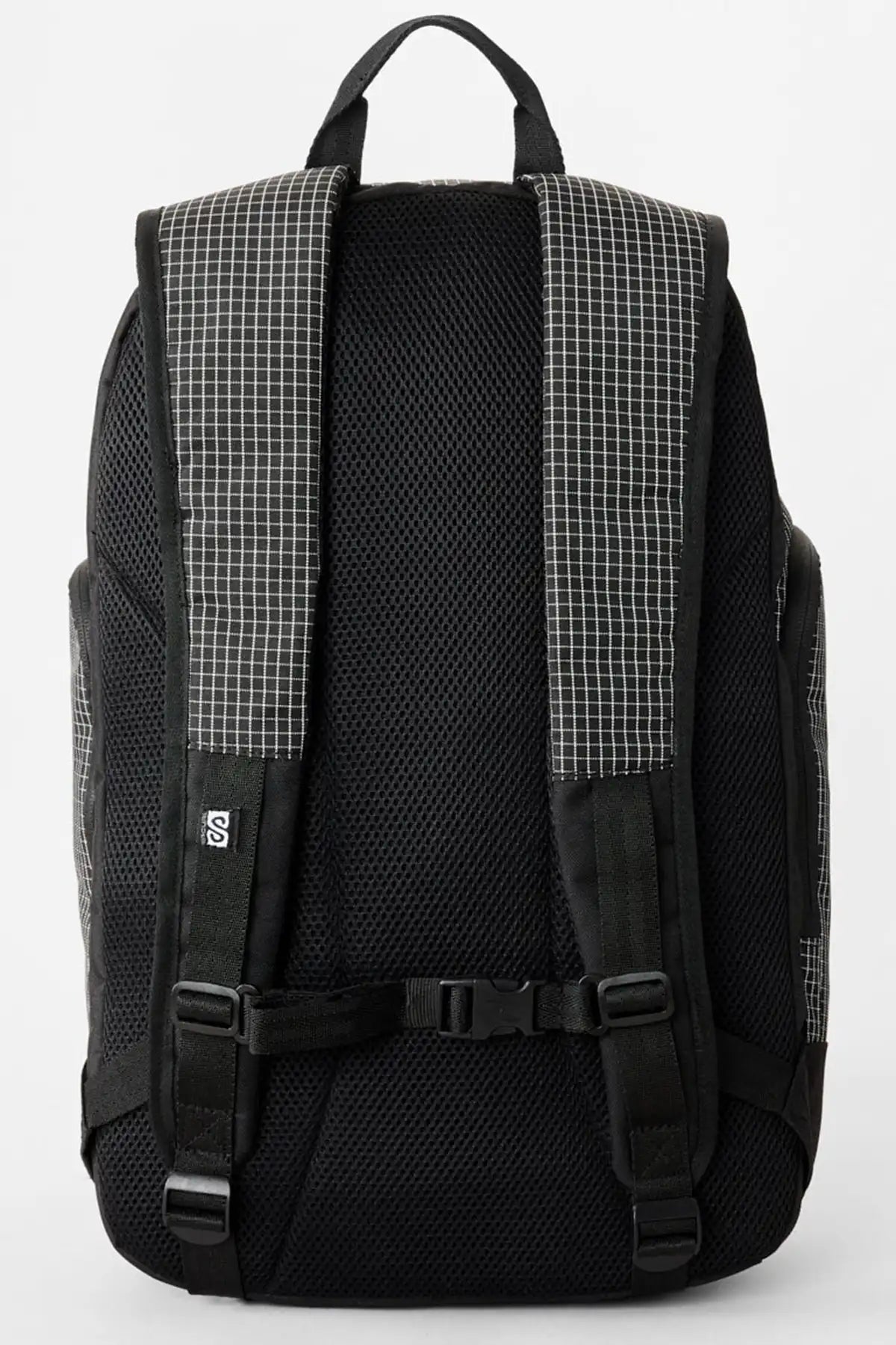 Rip Curl Posse Ripstop 33L black/white  backpack with checkered straps on a white background