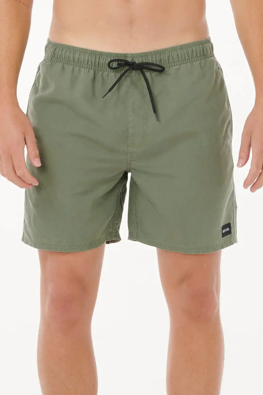 Green Rip Curl shorts with a black drawstring on a white background