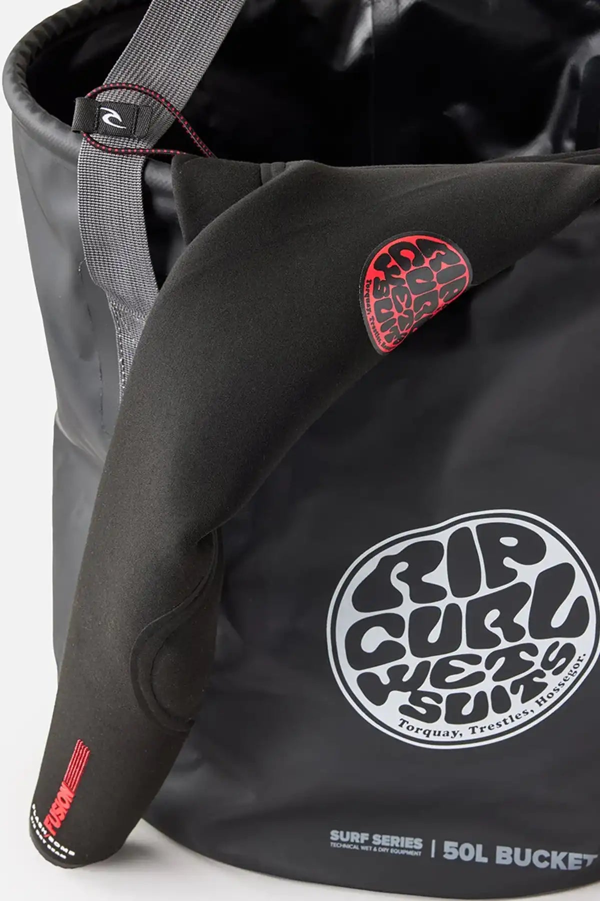 Black bucket bag with Rip Curl logo and branding on a white background