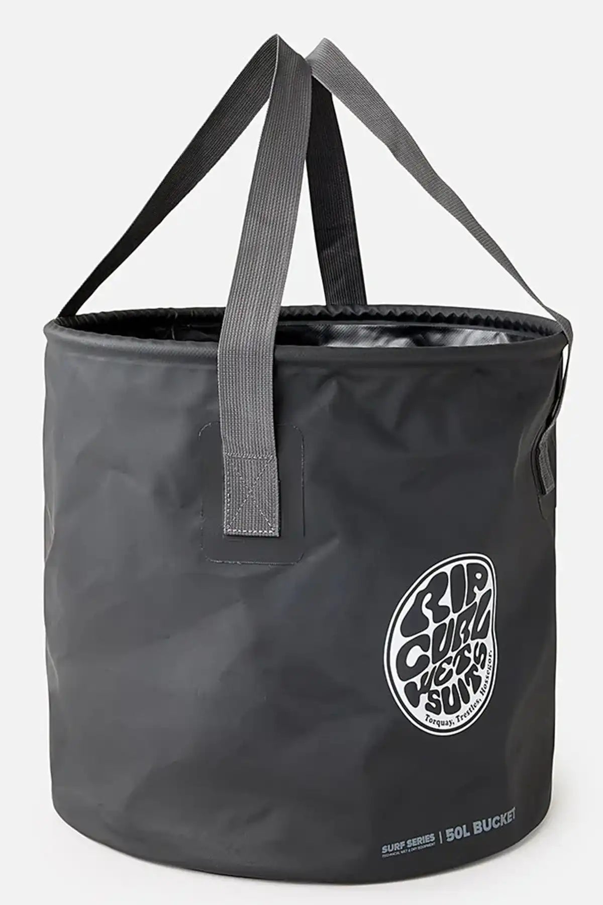 Black bucket bag with a logo on a white background