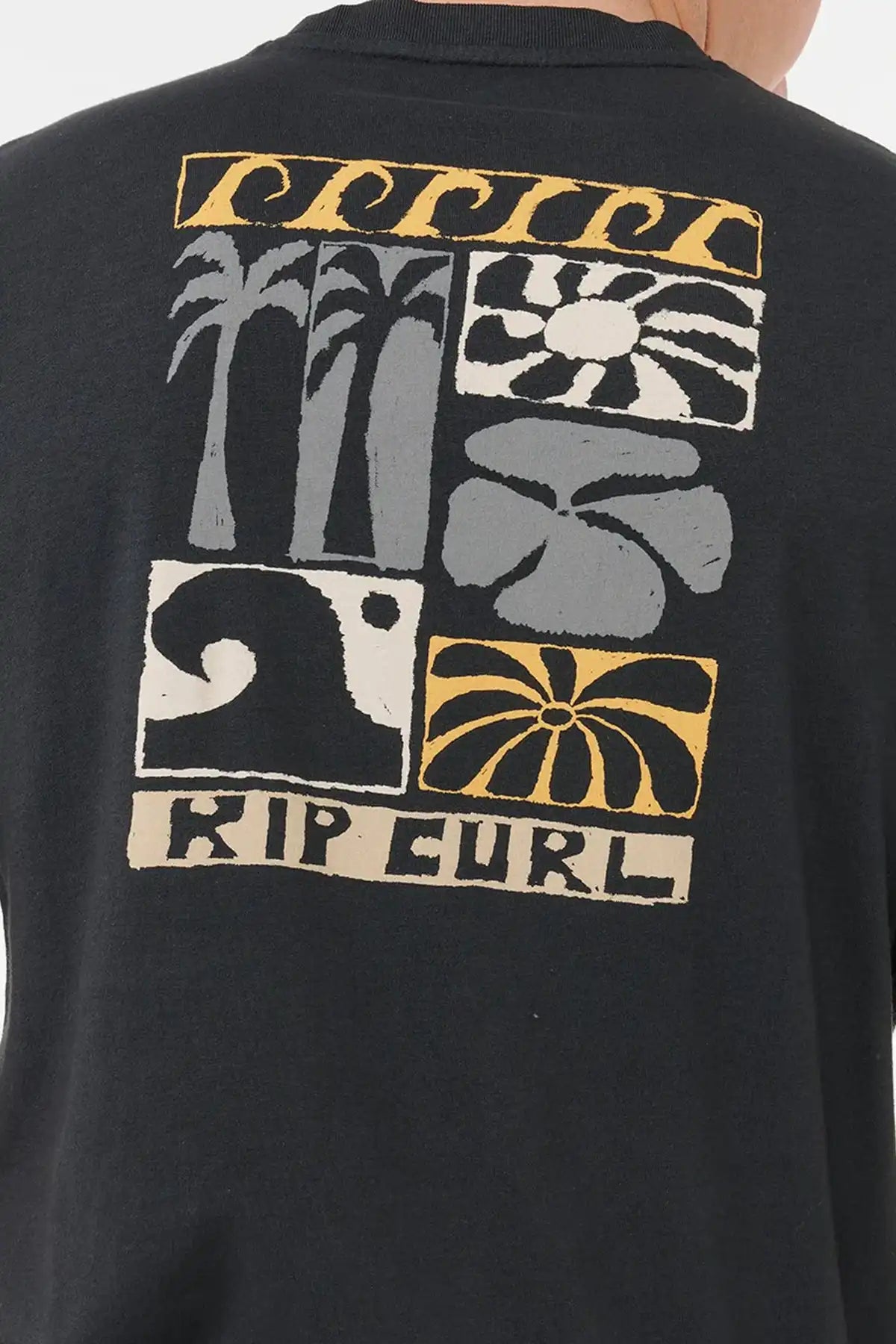 Black Rip Curl shirt with tropical graphic design on the back