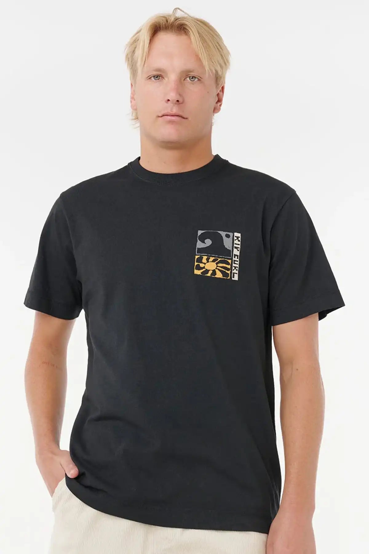 Man wearing a black t-shirt with a Rip Curl logo on a white background