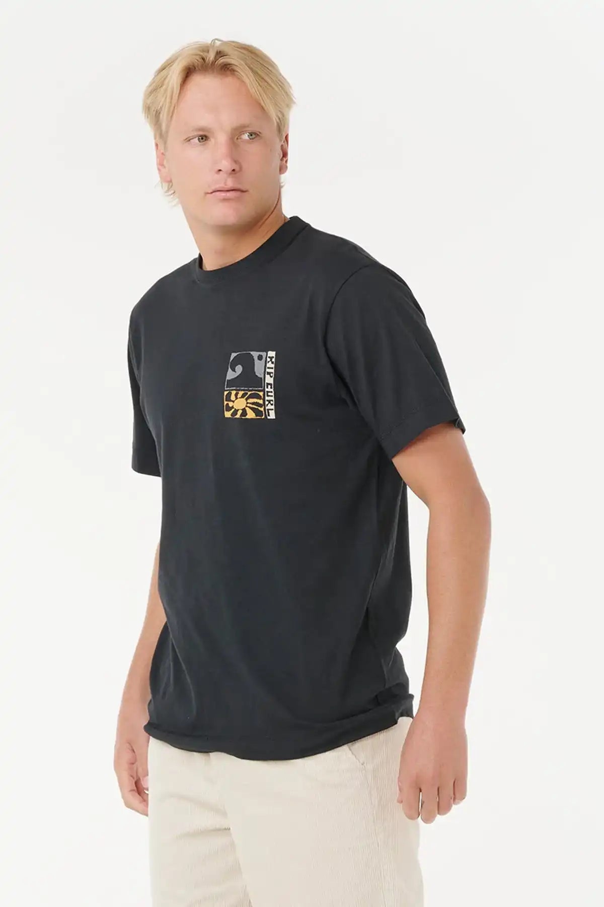 Man wearing a black t-shirt with a Rip Curl  logo on a white background