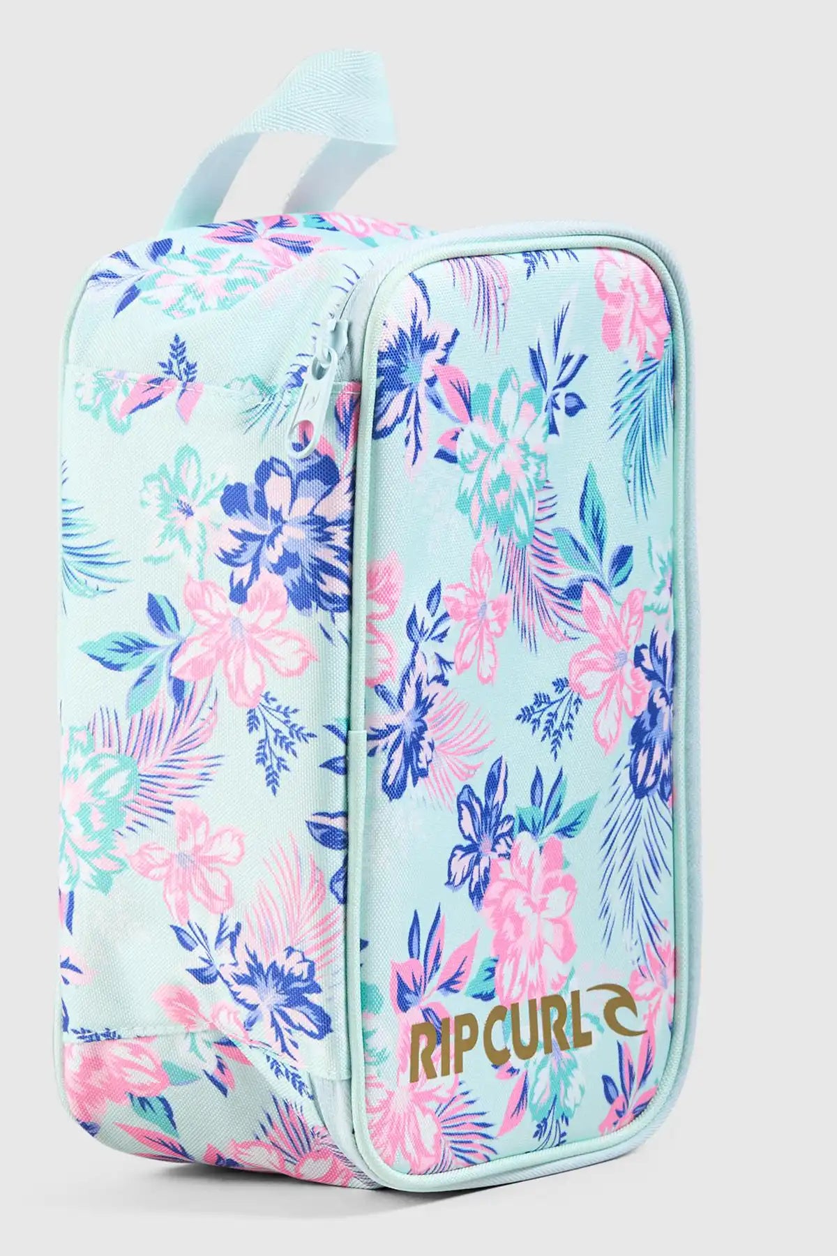 Floral-patterned lunch bag with Rip Curl logo on a light gray background