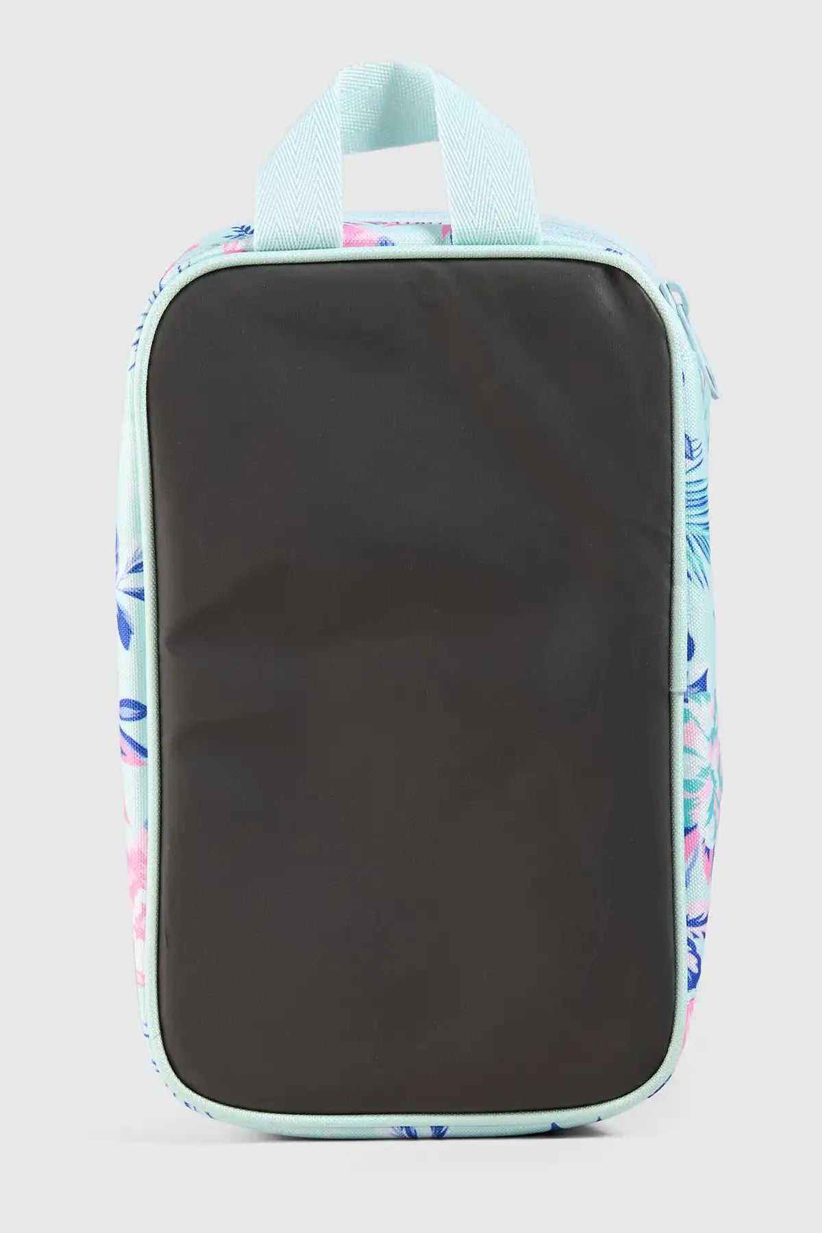 Black shoe lunch with colorful leaf pattern on a light gray background