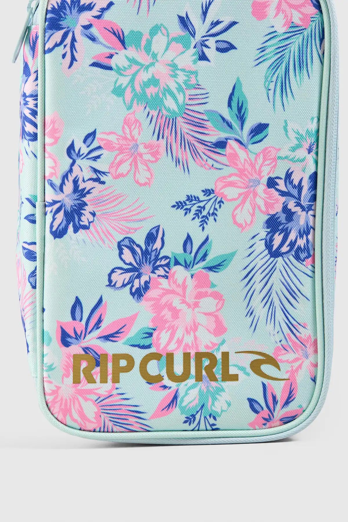 Floral-patterned unch bag with Rip Curl logo on a light blue background