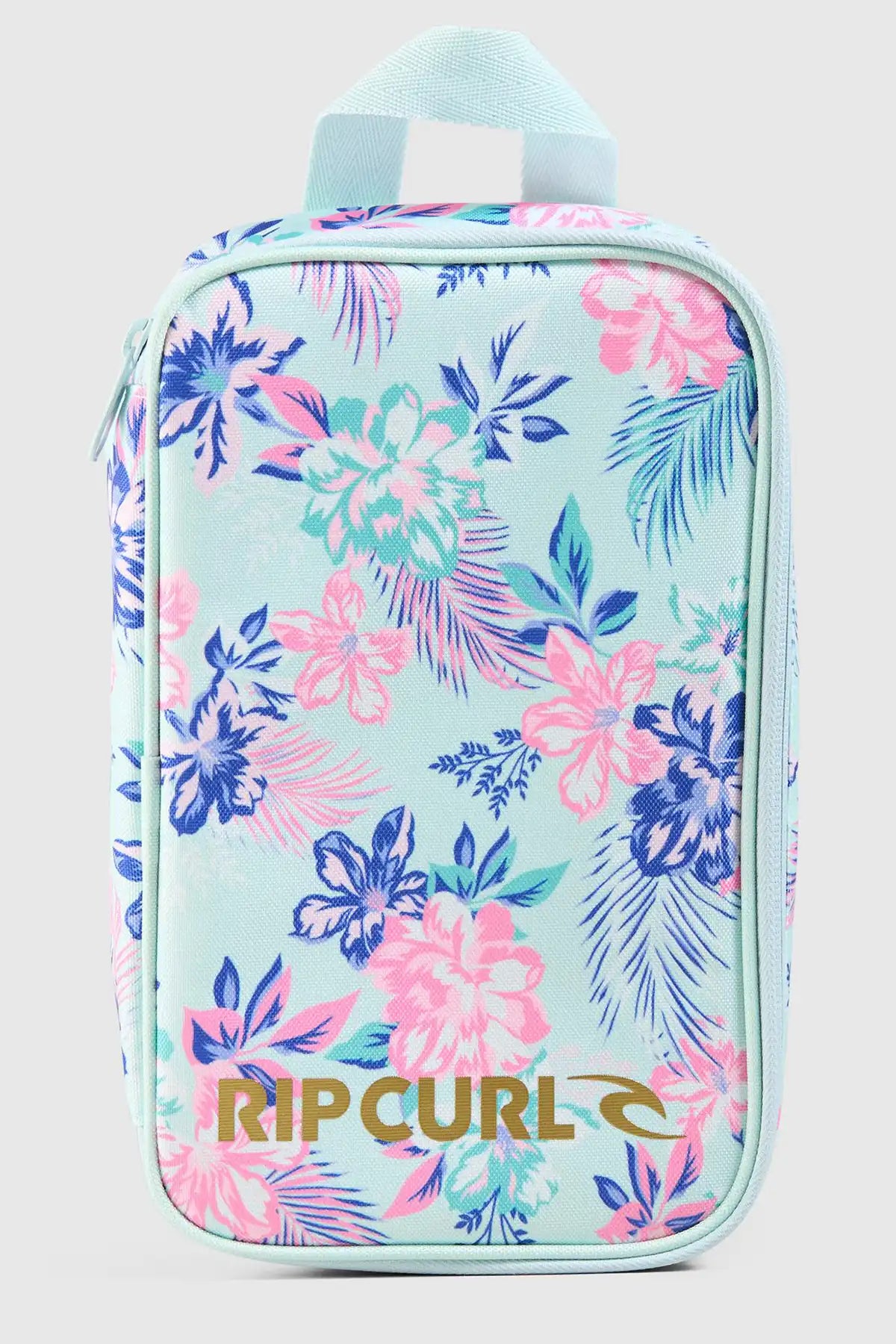 Floral patterned lunch bag with Rip Curl logo on a light blue background