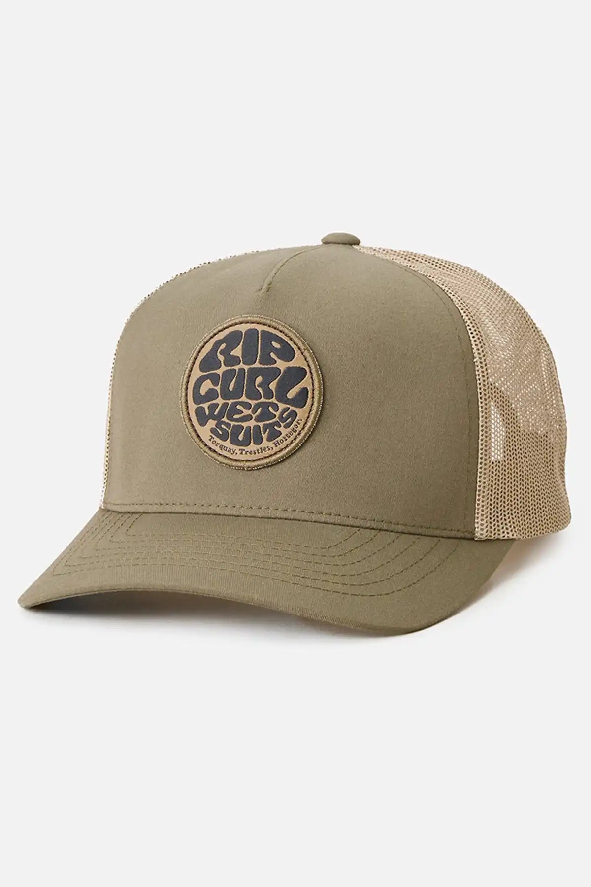 Kaki green cap with mesh back and visible Rip Curl brand logo on a white background