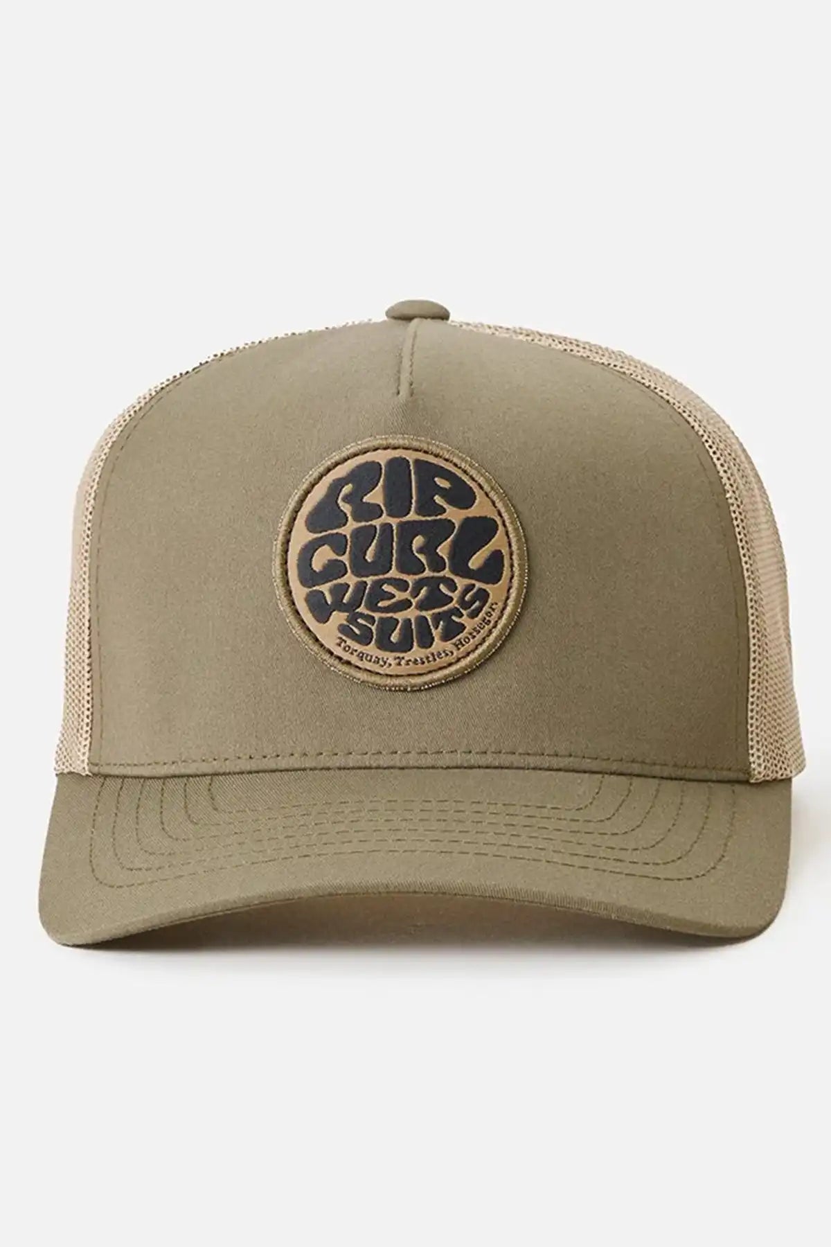 Kaki cap with a circular Rip Curl Wettie logo on a white background