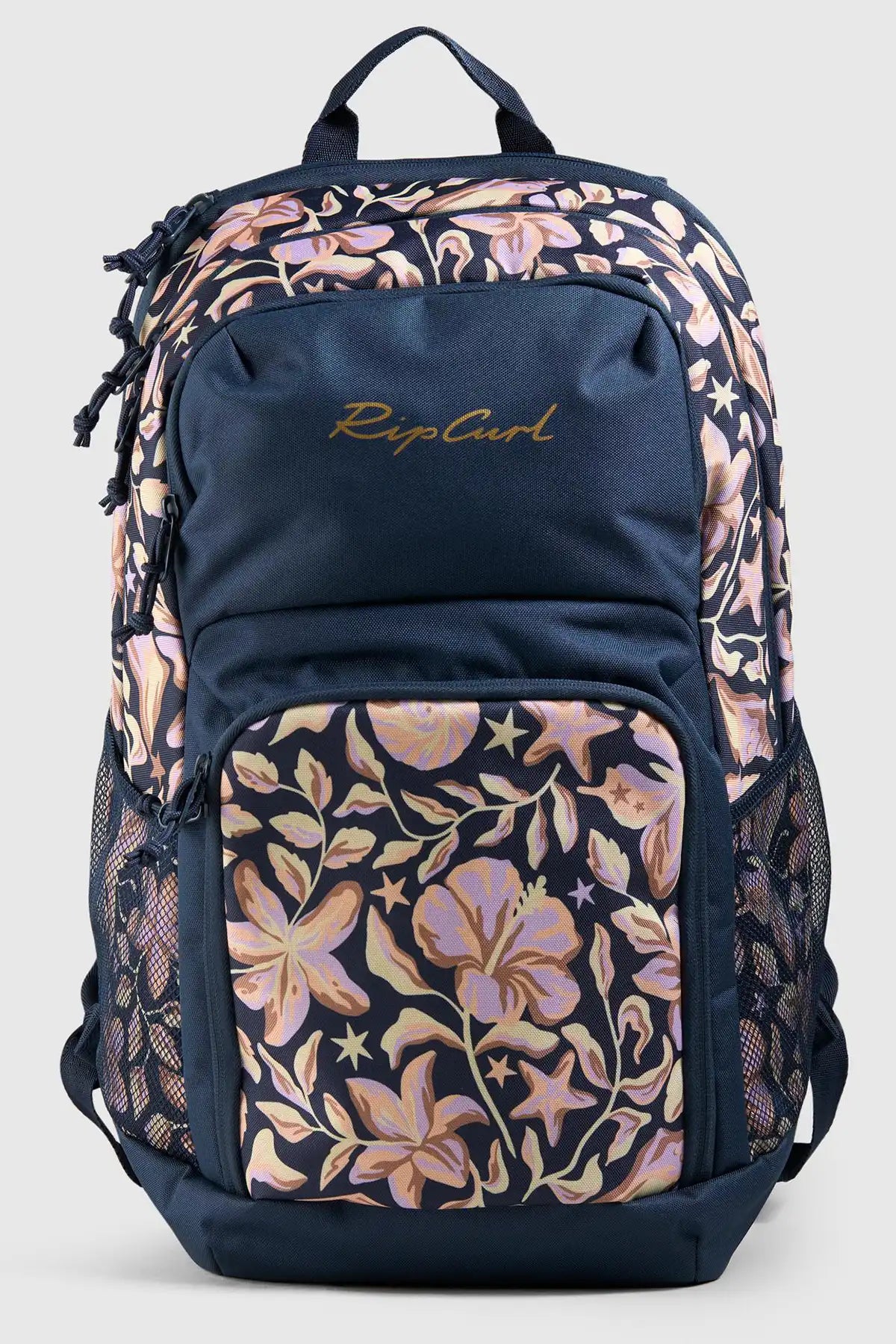 Floral-patterned backpack with Rip Curl logo on a white background