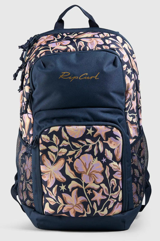 Floral-patterned backpack with Rip Curl logo on a white background
