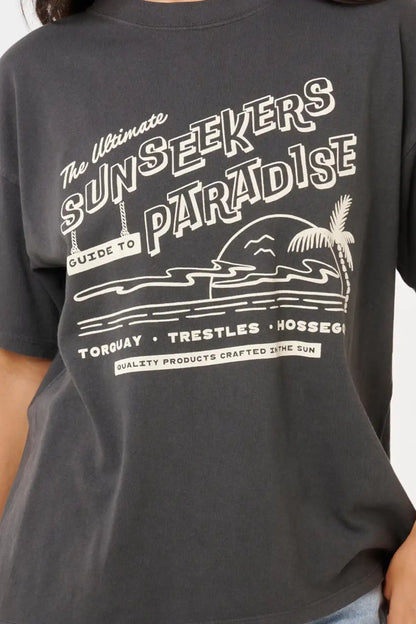 Black t-shirt with white graphic design and text on a plain background