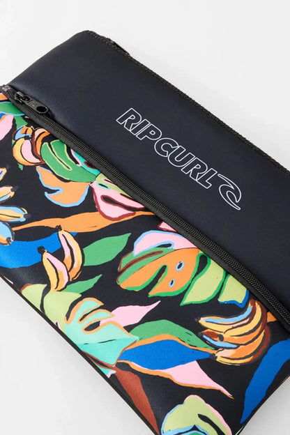 XL Large pencil case with bright leaf pattern on the front half panel and Rip Curl Branding