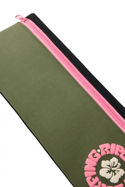 Green pencil case with pink zipper and branding on a white background