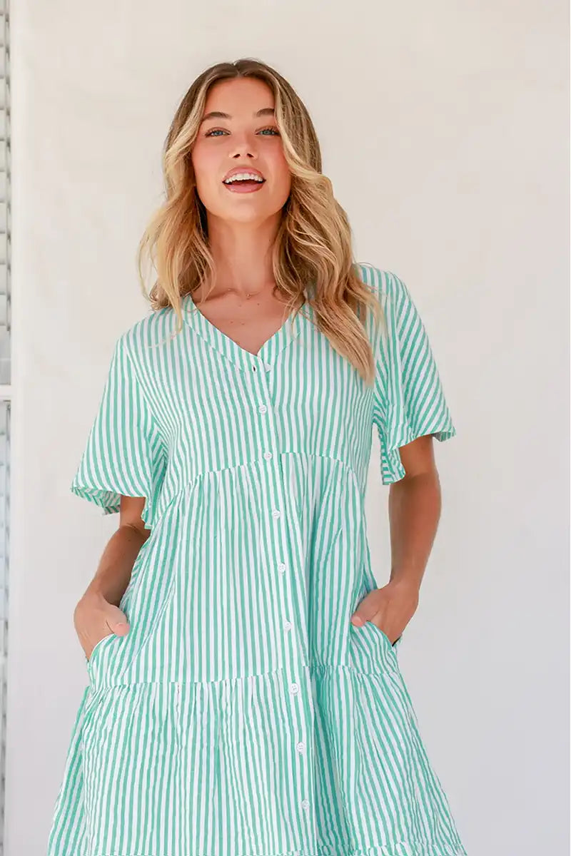 Womens dress in green and white stripe