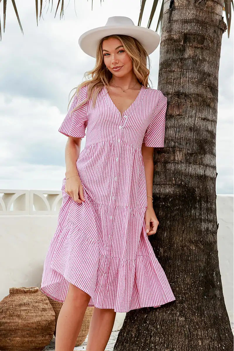 Front of womens rosalies stripe dress in pink and white