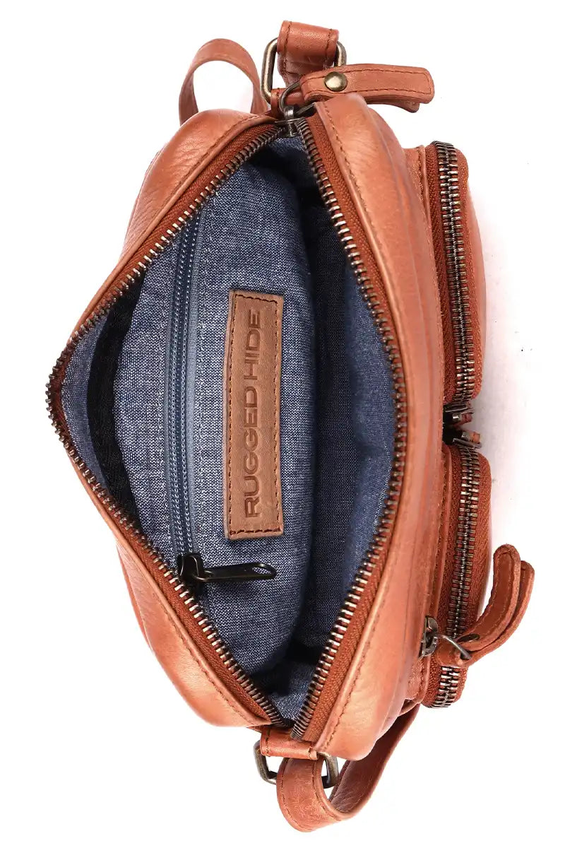 Rugged Hide Burnie Leather Cross Body Handbag in Cognac inside view