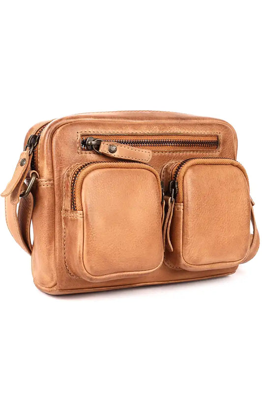 Rugged Hide Burnie Leather Cross Body Handbag in Sand 3/4 side view