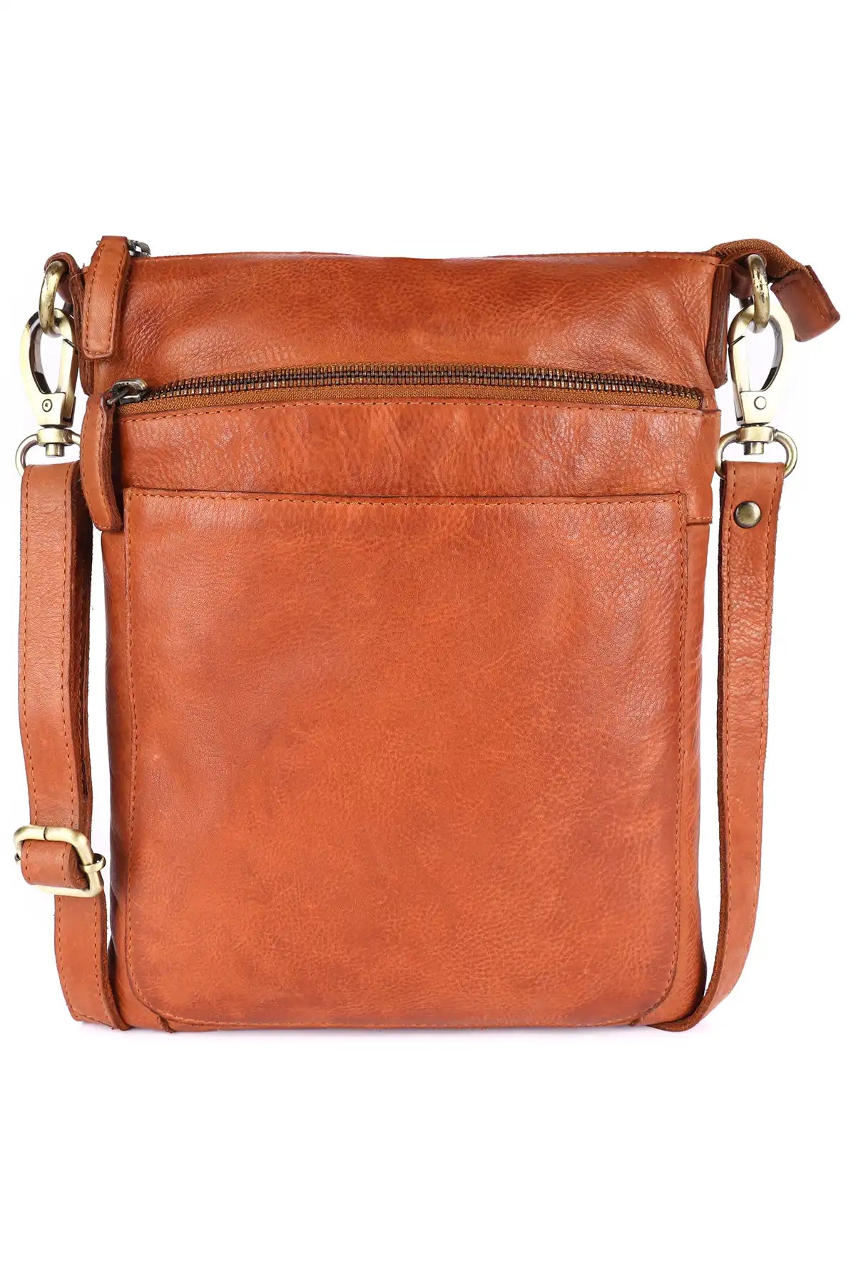Cognac leather crossbody bag on a white background
